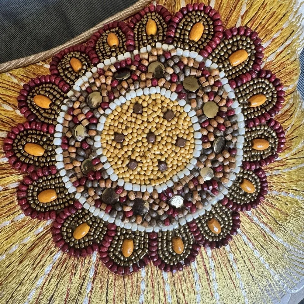 Vintage Pier 1 Beaded ~ Embroidered ~Sunflower Throw Pillow ~ Floral BOHO 20x14